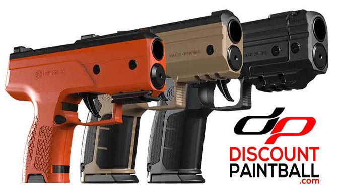 Byrna Less lethal pistols including the Byrna CL in orange, Byrna SD in tan, and Byrna LE in black