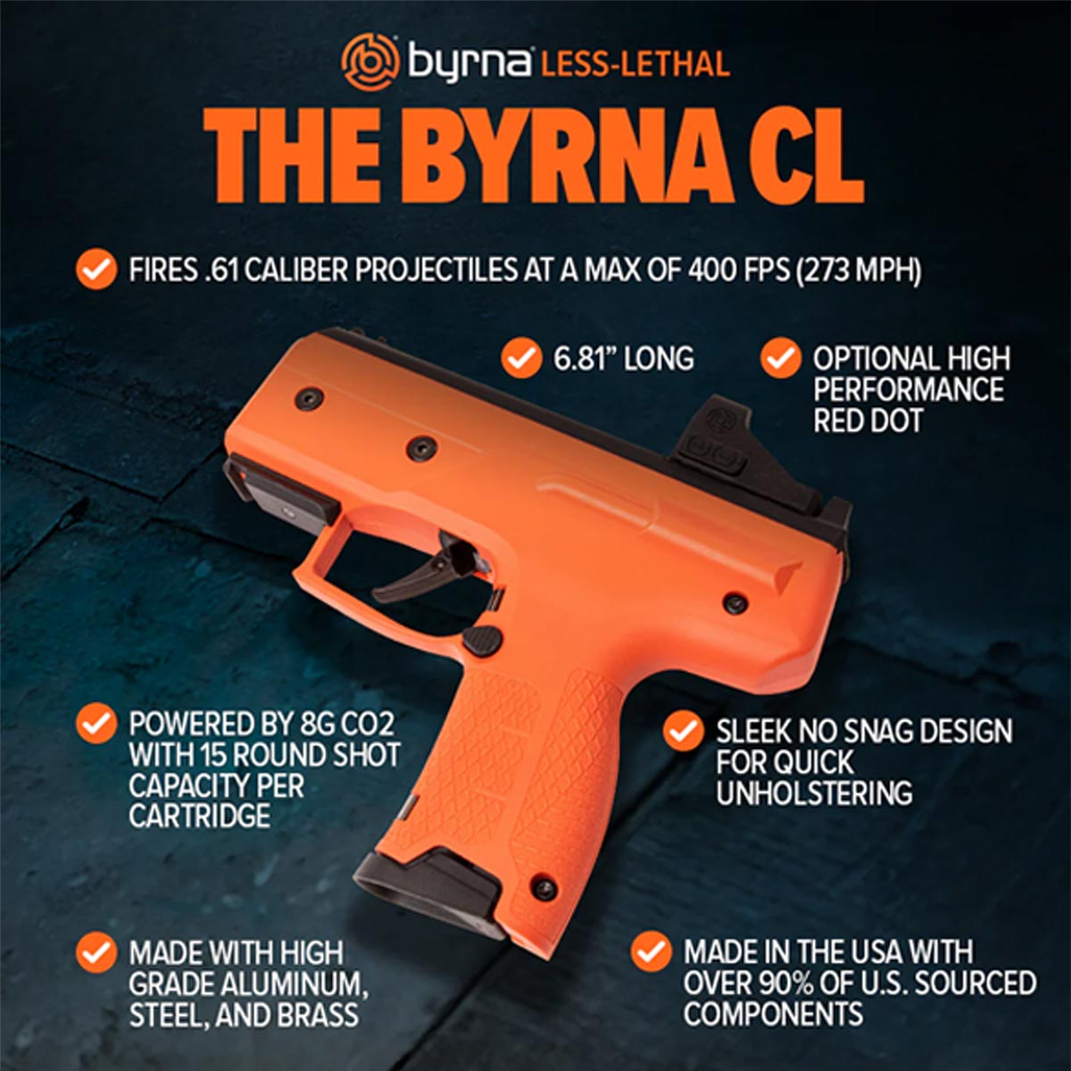 An orange and black Byrna CL compact pistol shown on a dark textured background with marketing text callouts about caliber, length, red dot option, CO2 power, shot capacity, and materials.