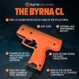 An orange and black Byrna CL compact pistol shown on a dark textured background with marketing text callouts about caliber, length, red dot option, CO2 power, shot capacity, and materials.