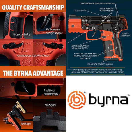 Byrna SD launcher graphic depicting craftsmanship, internals and advantages.