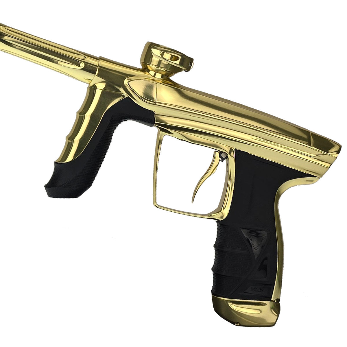 Gold dlx luxe aire paintball gun with black grips close up on a white background
