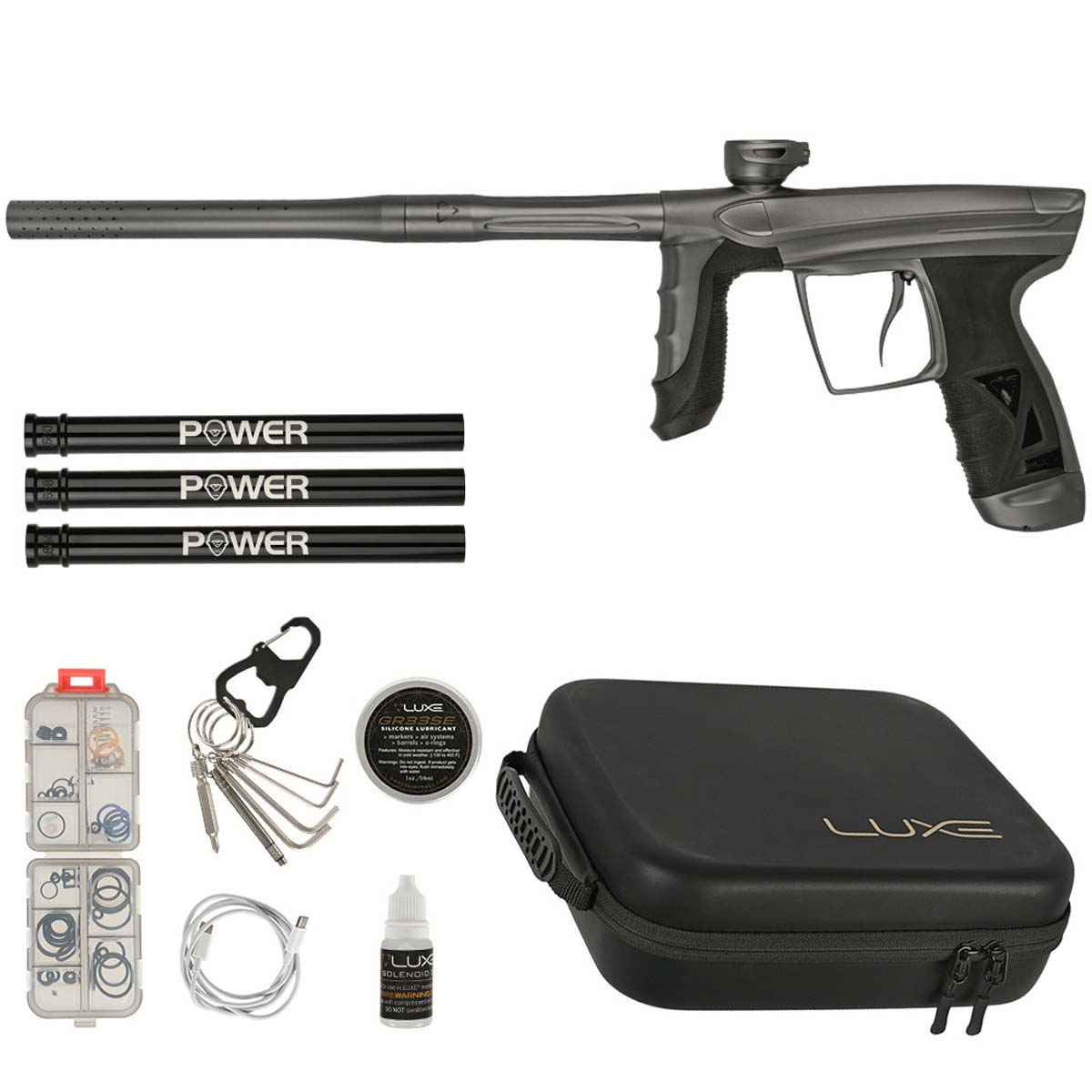 DLX Luxe Aire Paintball Marker in gray pewter dust with case and accessories