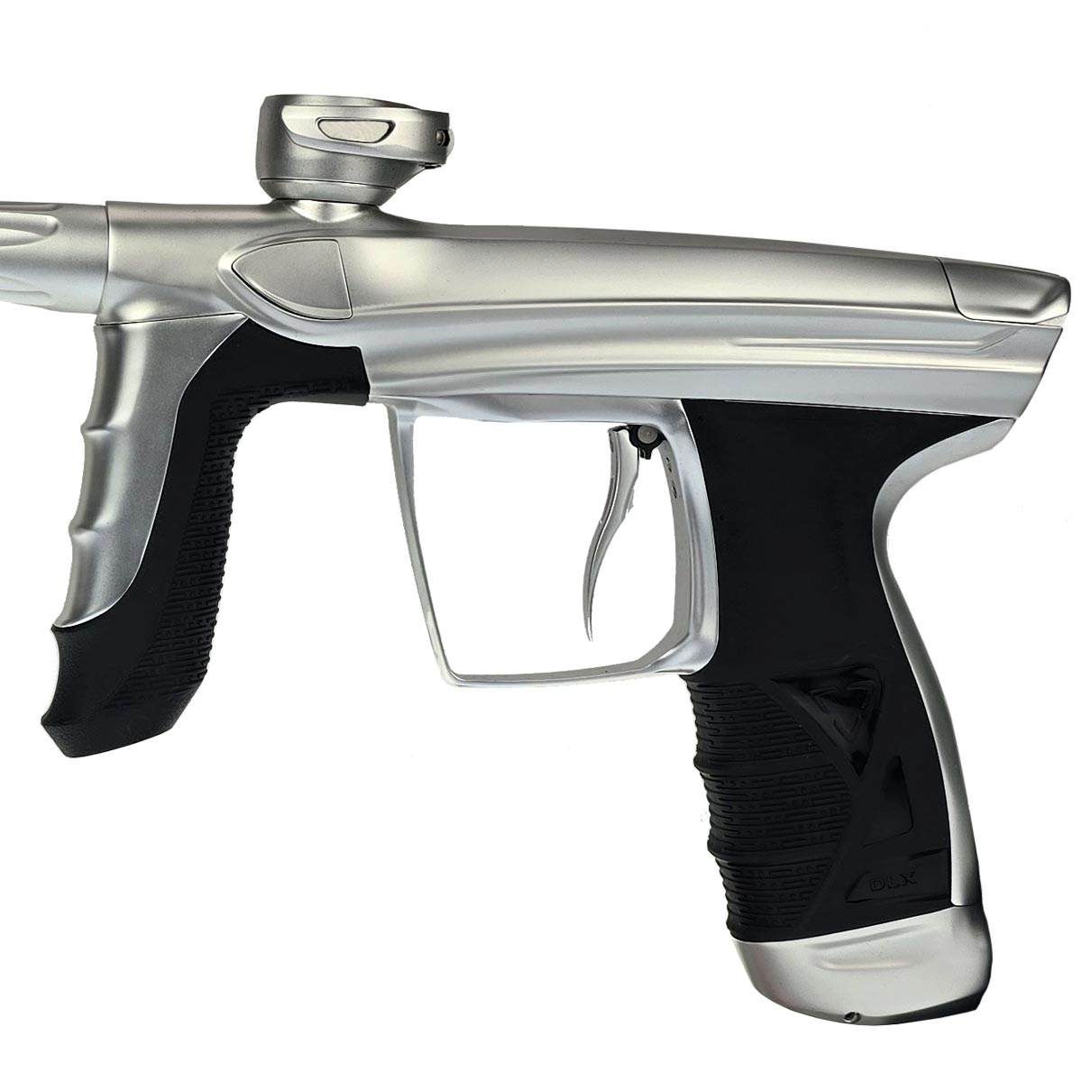 Close up of DLX Luxe Aire Paintball Marker in dust white finish