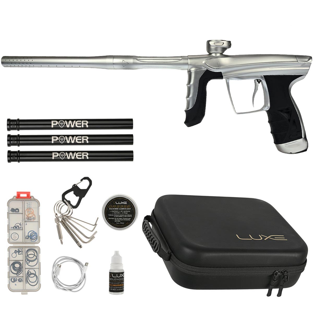 DLX Luxe Aire Paintball Marker in white dust with case and barrel accessories