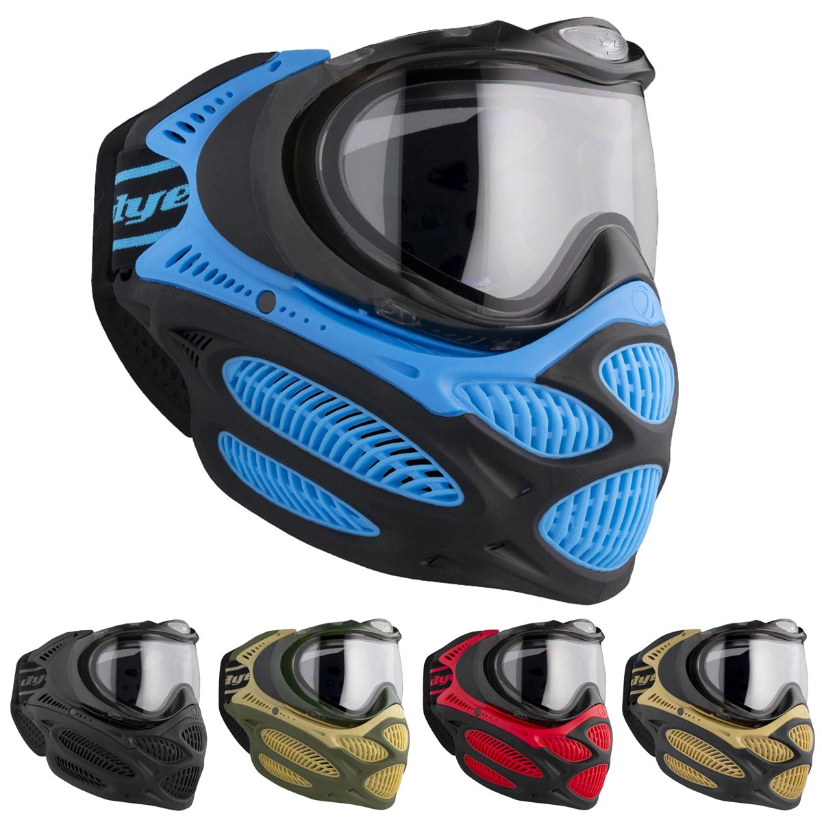 Dye i3 Pro Paintball Goggle all colors on a white background