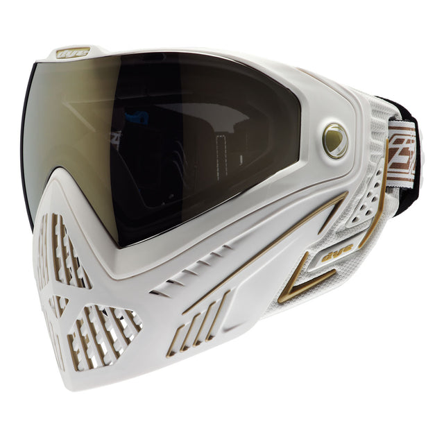 Dye I5 Thermal Paintball Mask White Gold on an angle on a white background