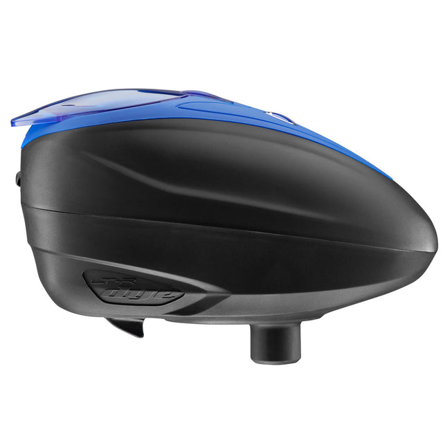 Black and blue dye ltr paintball loader hopper on a white background