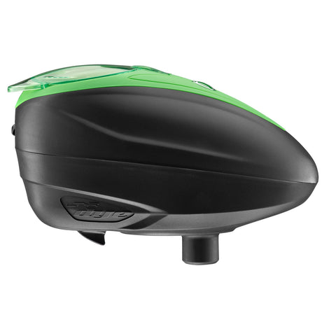 Black and green dye ltr paintball loader hopper on a white background
