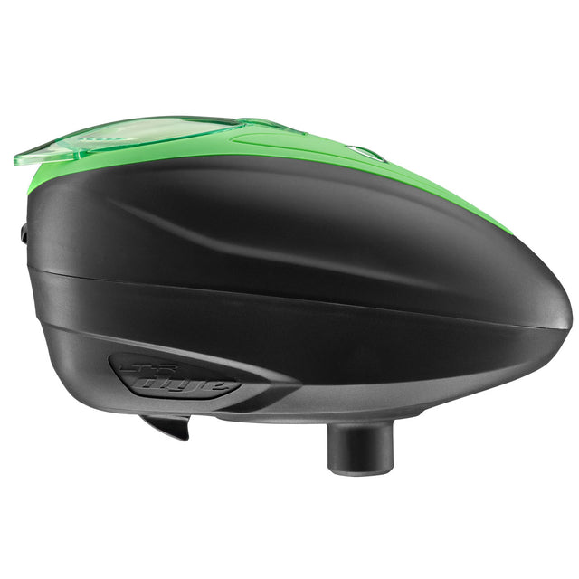 Black and green dye ltr paintball loader hopper on a white background