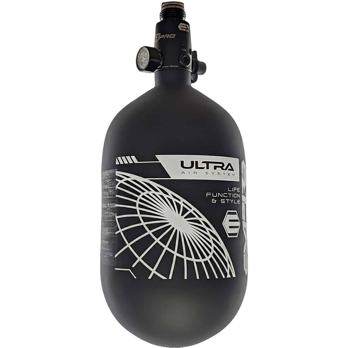 Alternate view of the Empire Ultra Lite Carbon Fiber Air Tank 68ci 4500psi Black/White w FLO Pro Reg