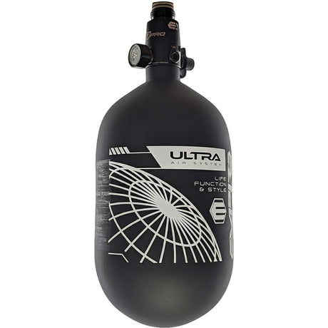 Alternate view of the Empire Ultra Lite Carbon Fiber Air Tank 68ci 4500psi Black/White w FLO Pro Reg