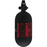 side view of the Empire Ultra Lite Carbon Fiber Air Tank 80ci 4500psi Black/Red w FLO Pro Reg
