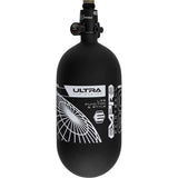 side view of Empire Ultra Lite Carbon Fiber Air Tank 80ci 4500psi Black/White w FLO Pro Reg