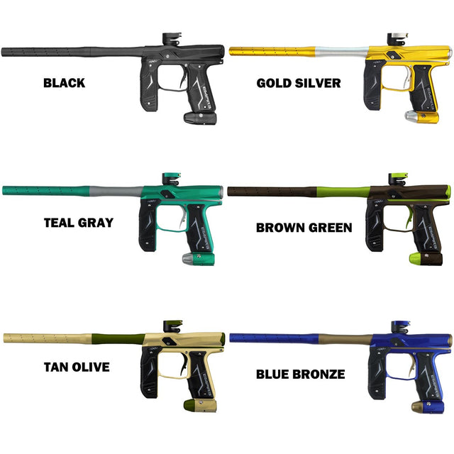 Assortment of Empire Axe 2.0 paintball markers on a white background