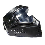 Black paintball goggle mask with a clear lens on a white background