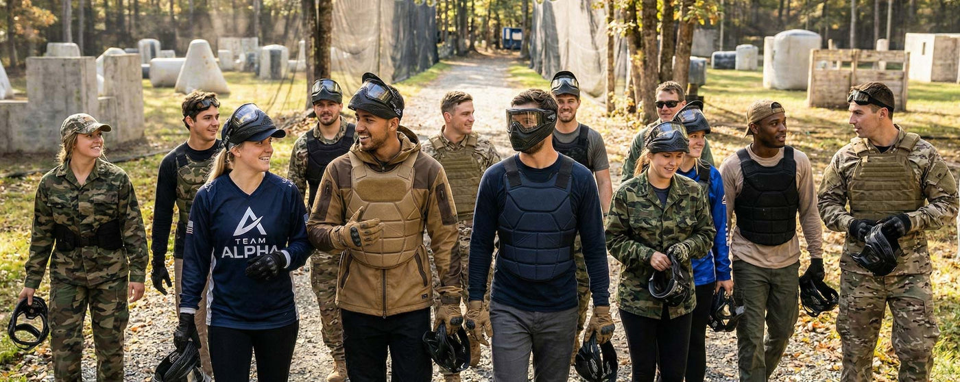 Young players outdoors wearing goggles and padding after a friendly game.