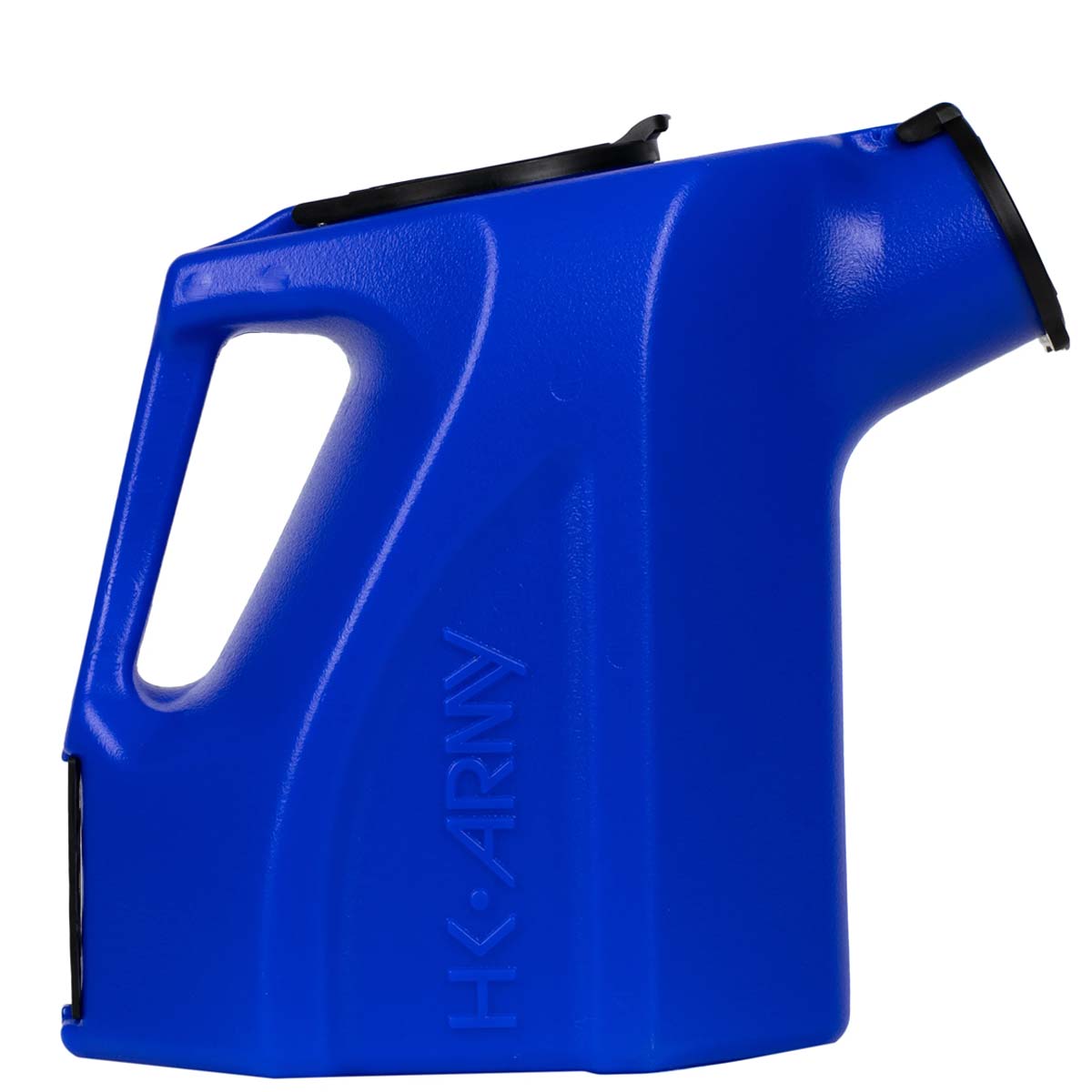 Side view Blue plastic HK Army Reload Paintball Hauler Caddy for loading paintballs into pods and hoppers.