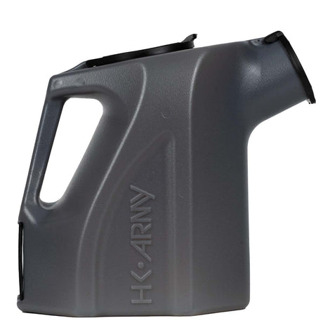 Side view Dark Smoke black plastic HK Army Reload Paintball Hauler Caddy for loading paintballs into pods and hoppers.