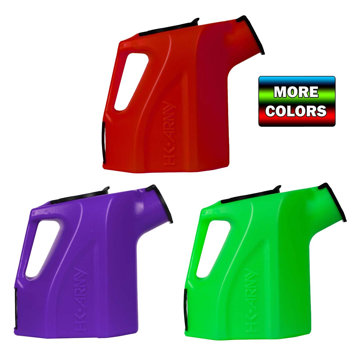 Three HK Army Reload Paintball Hauler Caddy for loading paintballs into pods and hoppers with a More Colors Banner.