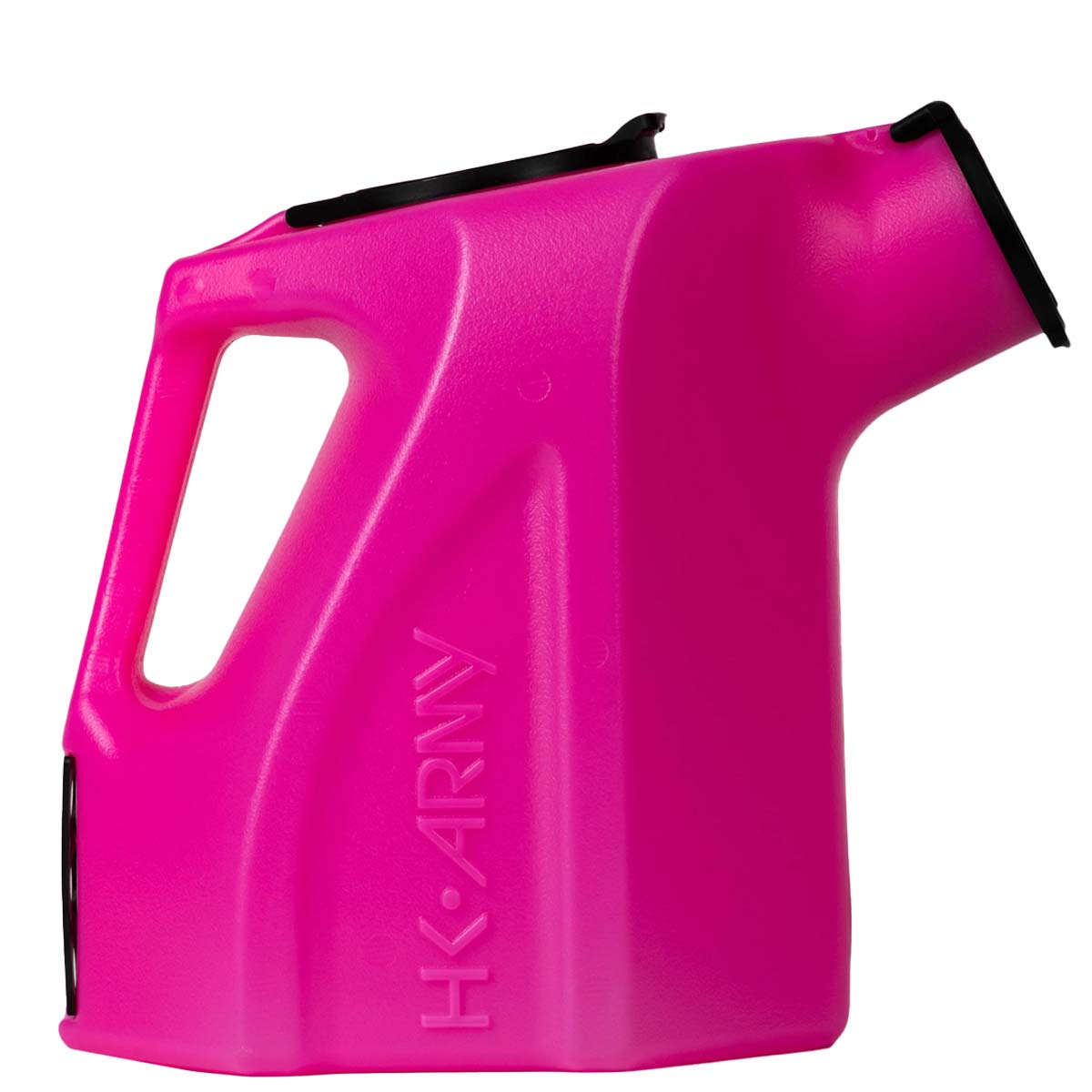 Side view pink plastic HK Army Reload Paintball Hauler Caddy for loading paintballs into pods and hoppers.