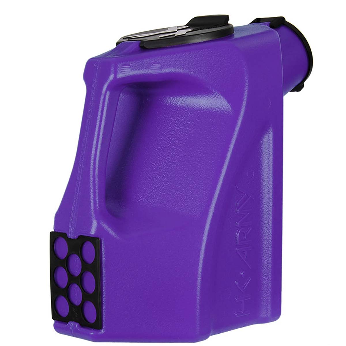 Rear view with sizer purple plastic HK Army Reload Paintball Hauler Caddy for loading paintballs into pods and hoppers.