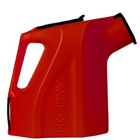 Side view red plastic HK Army Reload Paintball Hauler Caddy for loading paintballs into pods and hoppers.