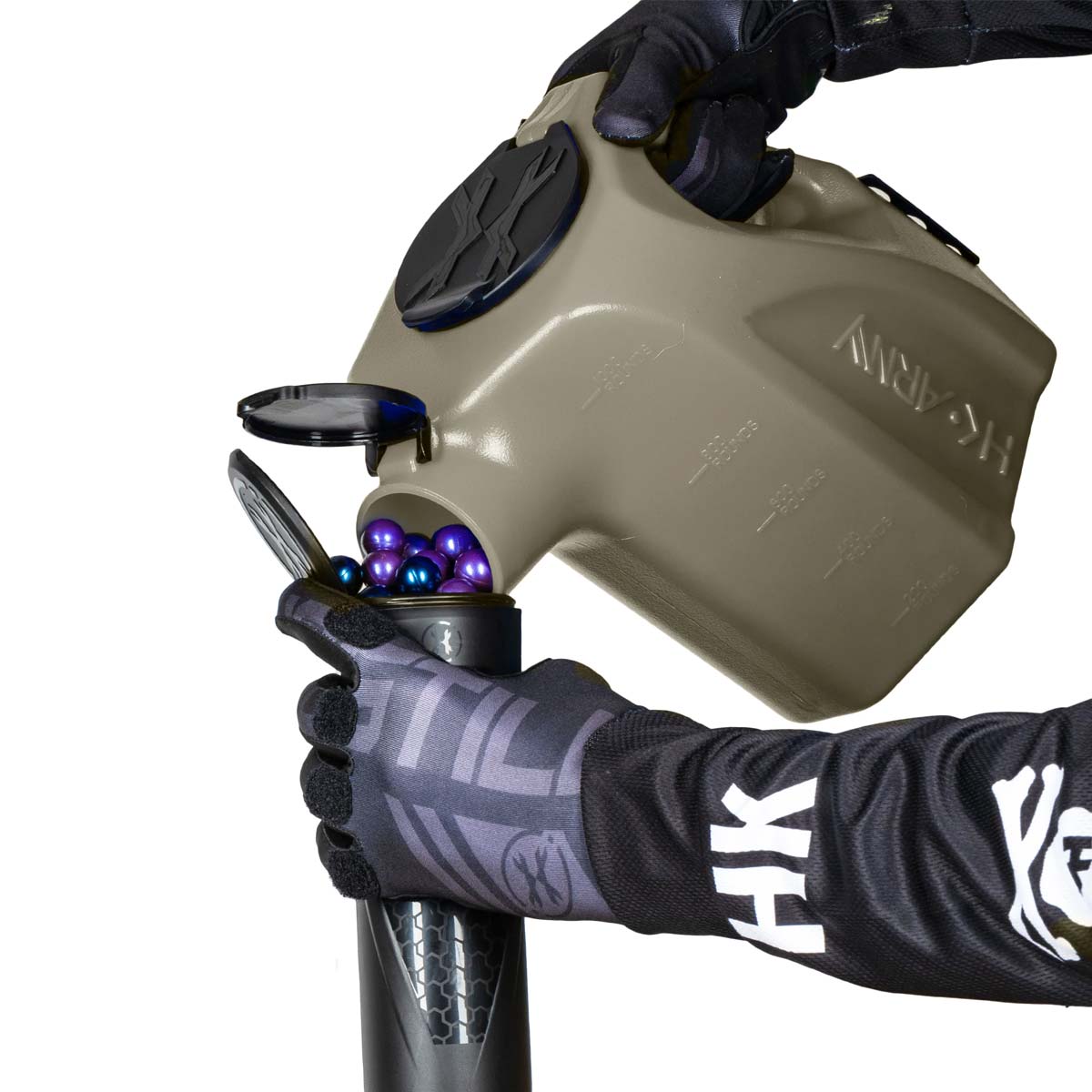 light smoke plastic HK Army Reload Paintball Hauler Caddy loading paintballs into a pod.
