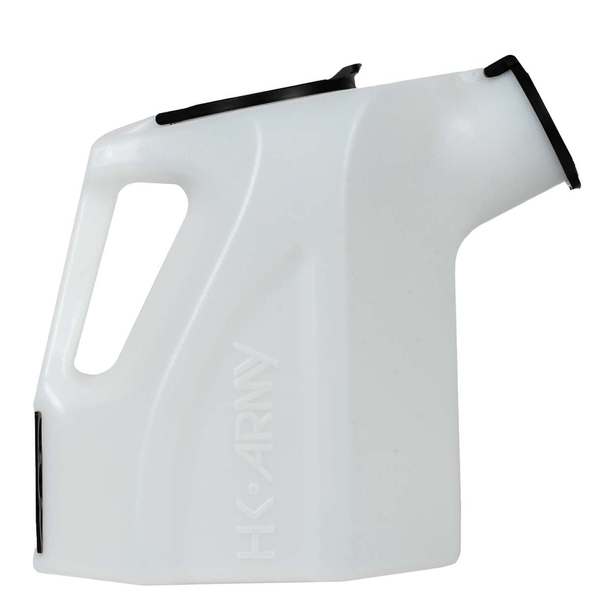 Side view White Clear plastic HK Army Reload Paintball Hauler Caddy for loading paintballs into pods and hoppers.
