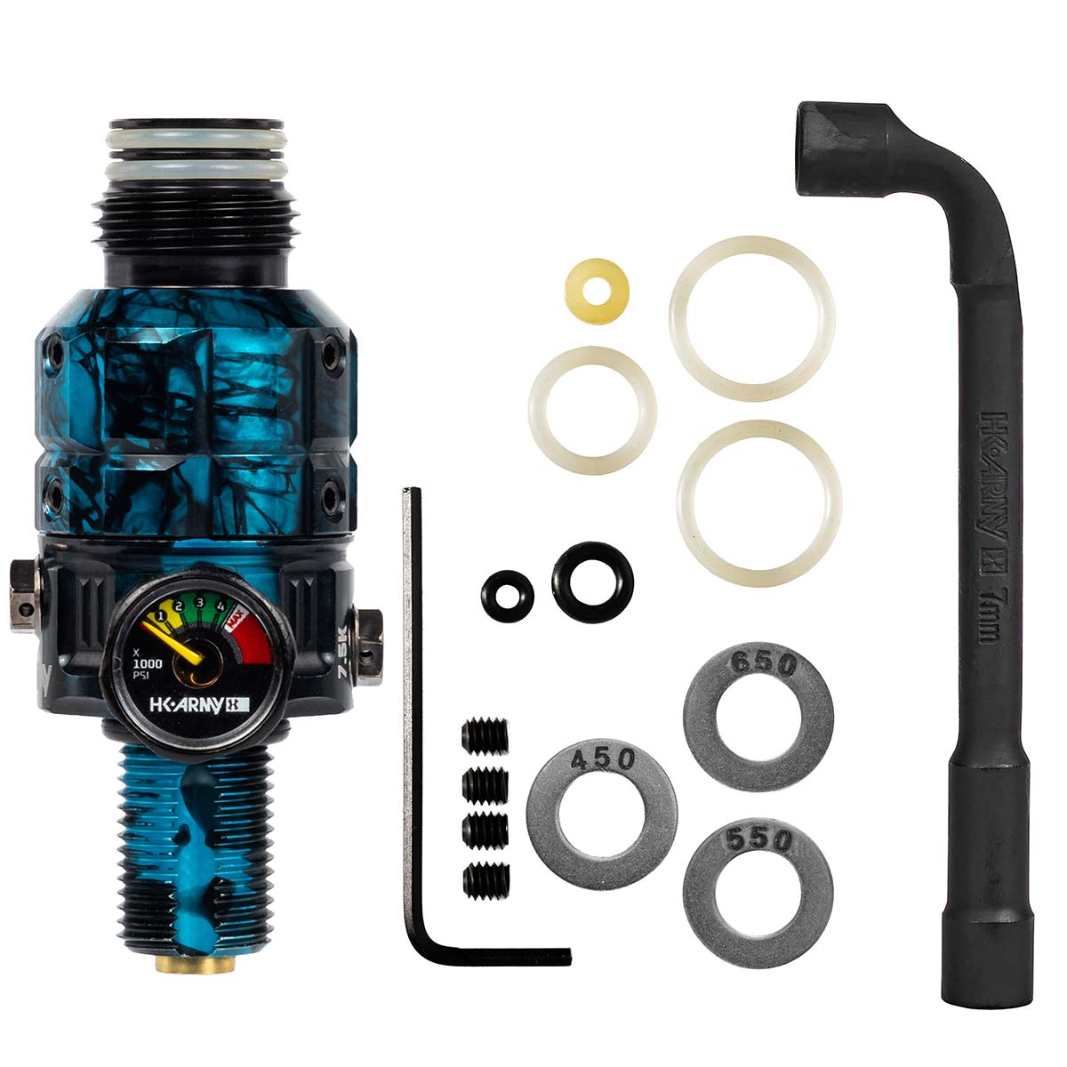 HK Army Turbine Pro Air Tank Regulator in marble blue with spare parts and tool