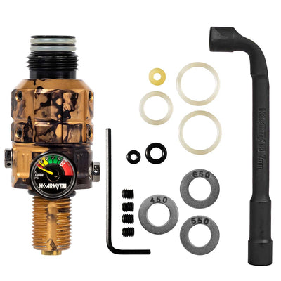 HK Army Turbine Pro Air Tank Regulator in gold marble color with spare parts and tool