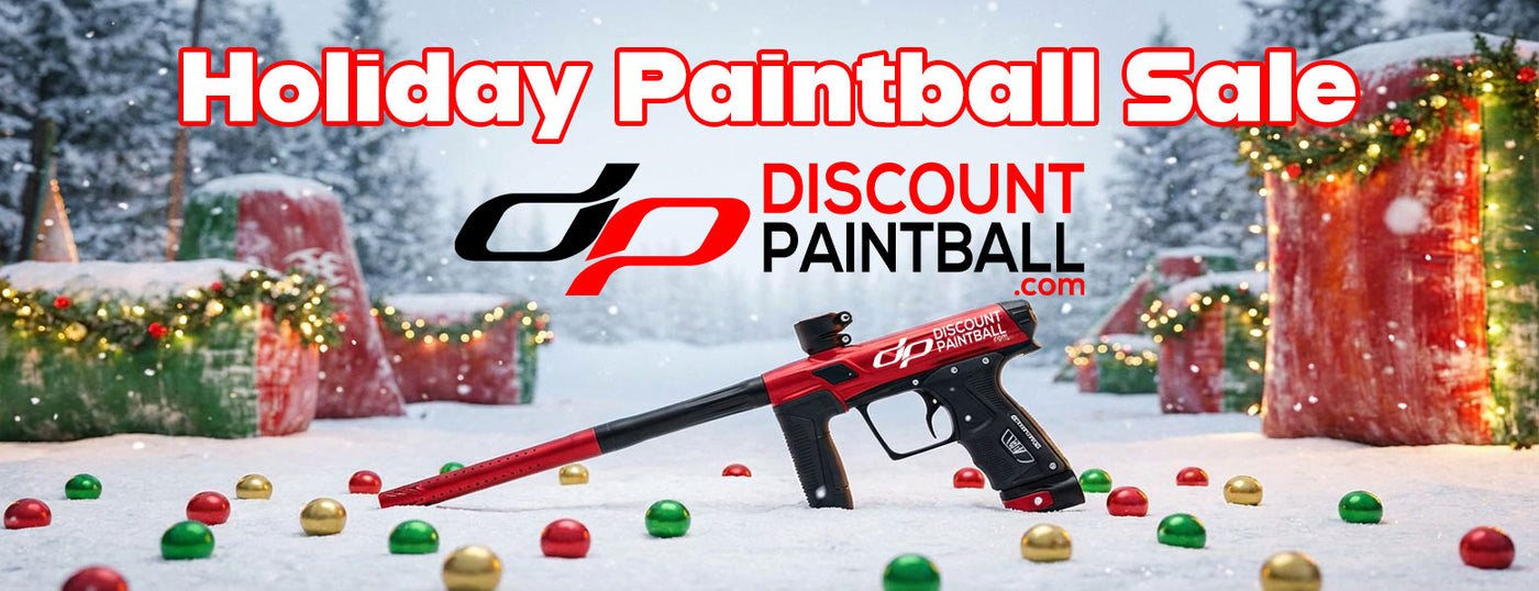 Holiday paintball sale with snow and paintballs on the ground from discountpaintball.com