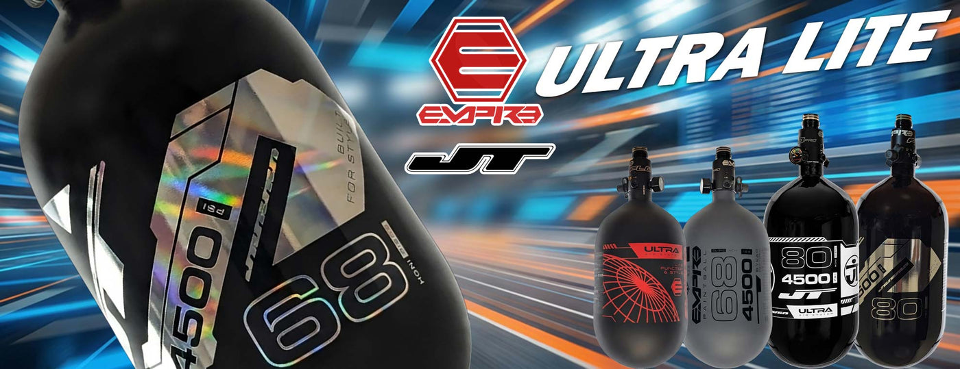 Horizontal image of New Empire and JT Ultra Lite Carbon Fiber tanks in many colors