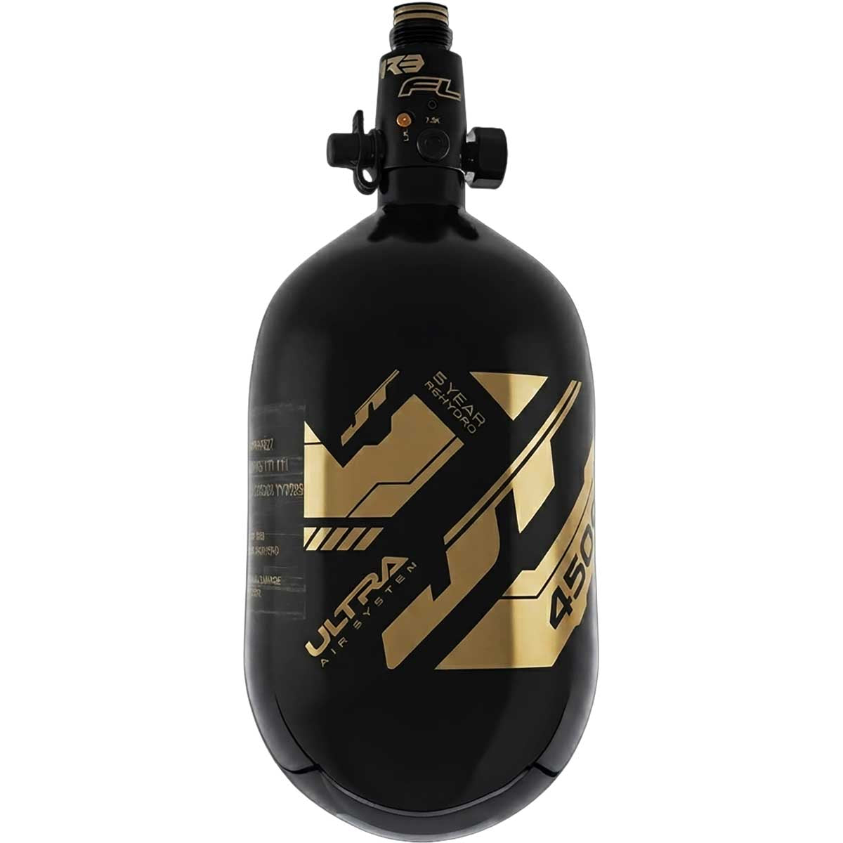 Alternate view of the JT Ultra Lite Carbon Fiber Air Tank 68ci 4500psi Black/Gold w FLO Pro Reg
