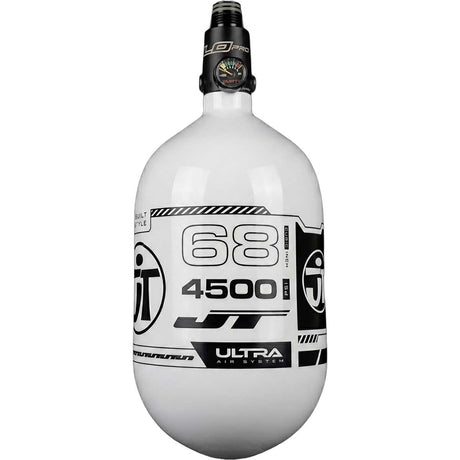 Side view of the JT Ultra Lite Carbon Fiber Air Tank 68ci 4500psi White/Black w FLO Pro Reg