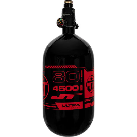 Different view of the JT Ultra Lite Carbon Fiber Air Tank 80ci 4500psi Black/Red w FLO Pro Reg