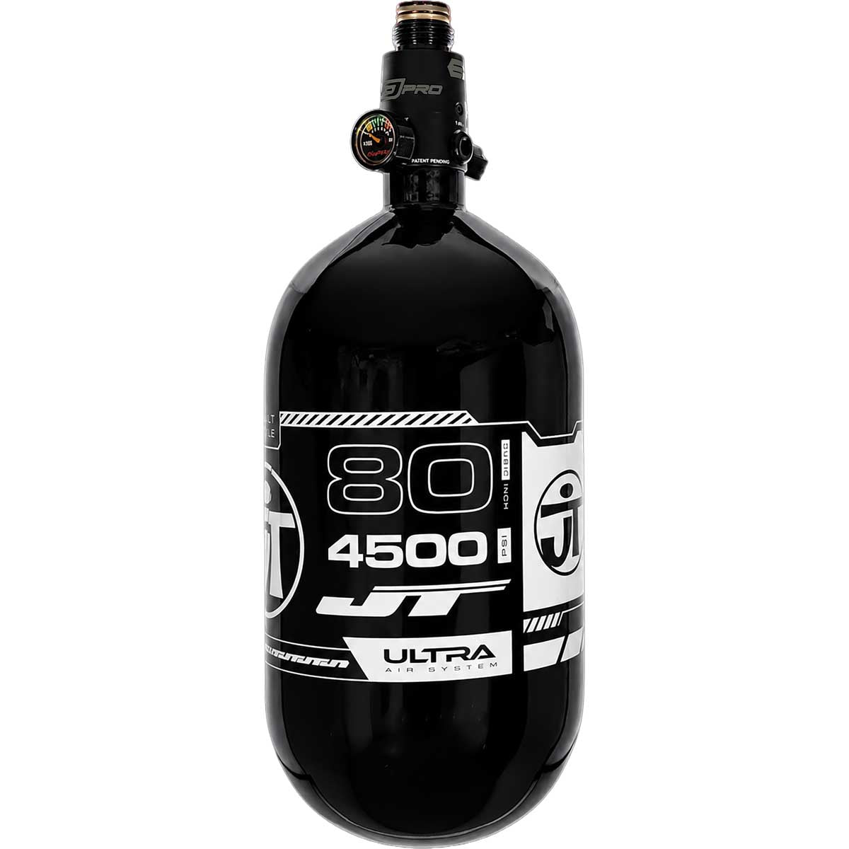 Side view of the JT Ultra Lite Carbon Fiber Air Tank 80ci 4500psi Black/White w FLO Pro Reg