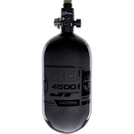 Side view of the JT Ultra Lite Carbon Fiber Air Tank 80ci 4500psi Grey/Black w FLO Pro Reg