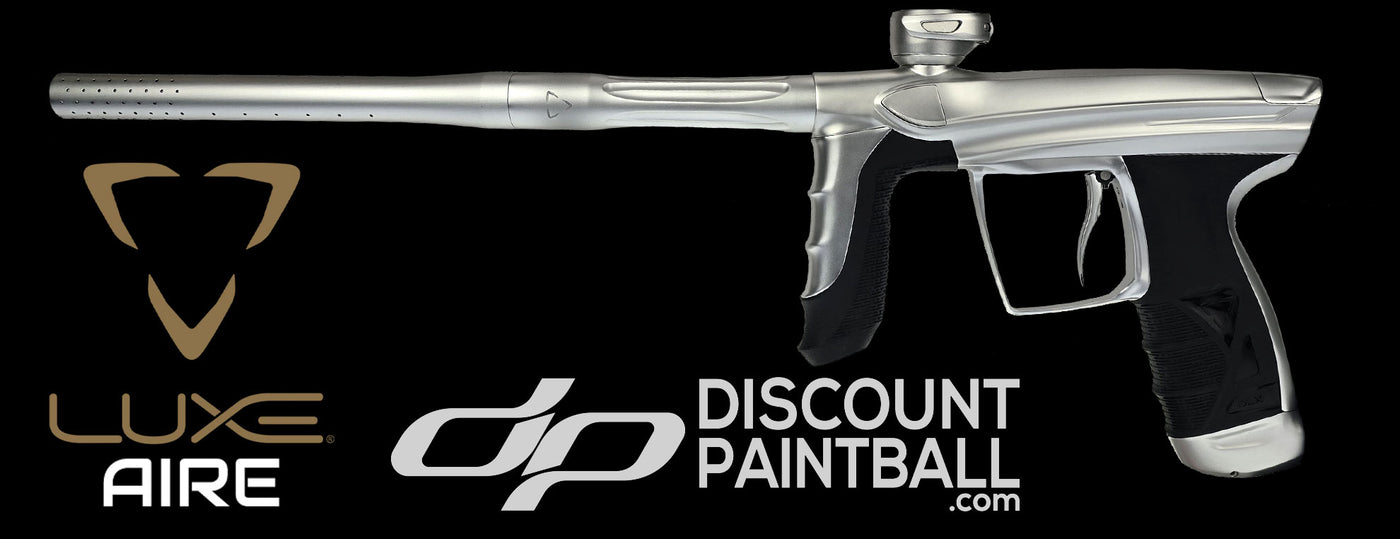 DLX Luxe Aire Paintball Marker shown in white dust finish on a black background