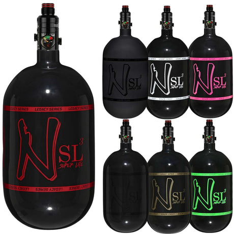 Ninja SL3 68ci 4500psi Paintball Air Tanks showing all colors with regulator