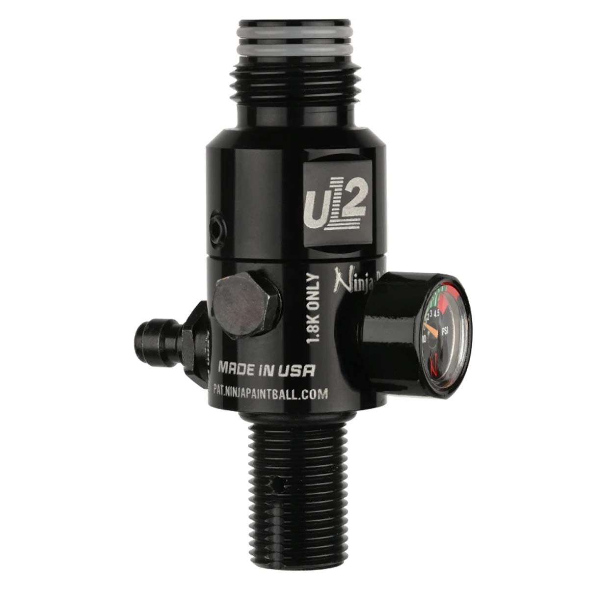 Angled view of the black Ninja Ultralite UL2 Air Tank Regulator 