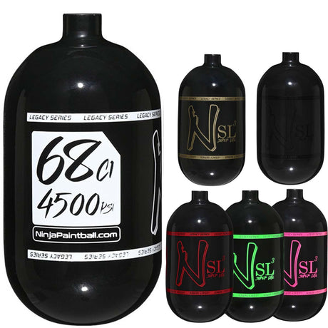 Ninja SL3 Carbon Fiber Paintball Tank 68ci 4500psi all colors in one image with no regulator installed